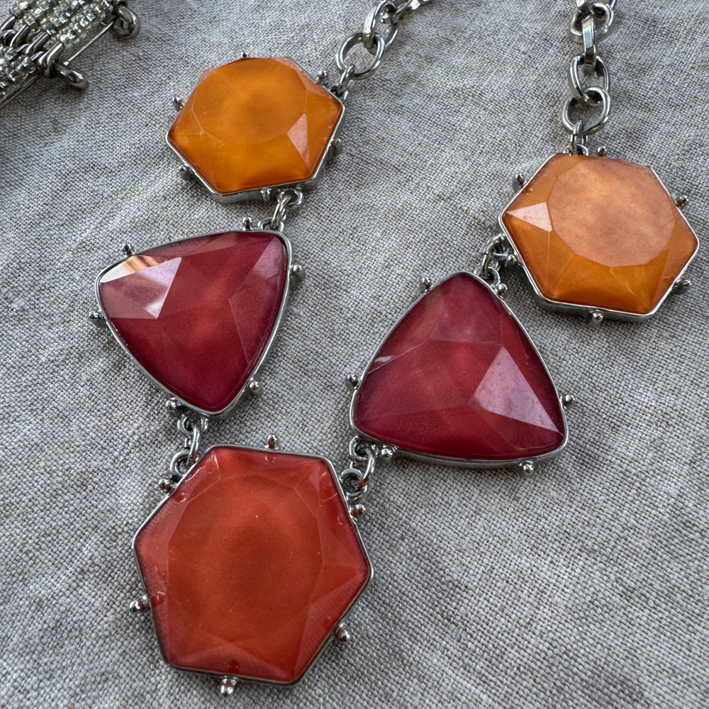 Geometric Statement Necklace Orange Red Coral Silver Tone Bold Chunky Resin